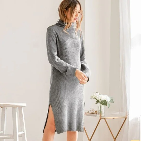 NWT Lulus Snuggled Up Light Grey Knit Turtleneck Midi Sweater Dress, XS - Picture 5 of 16